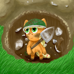 Size: 1200x1200 | Tagged: safe, artist:crashbrowns, applejack, g4, dirty, female, helmet, hole, pickaxe, shovel, soldierjack, solo