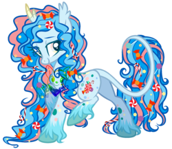 Size: 1500x1300 | Tagged: safe, artist:jojuki-chan, oc, oc only, oc:iridescent aurora, classical unicorn, candy, horn, leonine tail, simple background, solo, transparent background, unshorn fetlocks