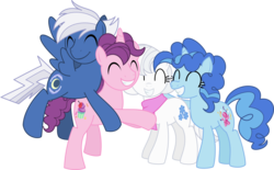 Size: 1992x1234 | Tagged: safe, artist:itoruna-the-platypus, double diamond, night glider, party favor, sugar belle, earth pony, pegasus, pony, unicorn, g4, the cutie map, backwards cutie mark, clothes, equal four, eyes closed, female, flightshade, hug, male, mare, pinata prize, rule 63, scarf, simple background, slalom slopes, stallion, sugar beau, transparent background