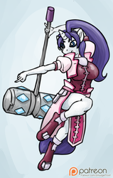 Size: 953x1500 | Tagged: safe, artist:smudge proof, rarity, anthro, unguligrade anthro, g4, hammer, magical girl lyrical nanoha, patreon, patreon logo, ponified, sketch, war hammer