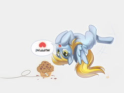 Size: 1280x962 | Tagged: safe, artist:mew, derpy hooves, pegasus, pony, g4, bait, female, mare, muffin, solo, that pony sure does love muffins, trap (device), upside down