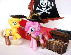 Size: 1600x1256 | Tagged: safe, applejack, pinkie pie, g4, boots, customized toy, female, irl, mcdonald's happy meal toys, photo, pirate, pirate ship, prosthetics, ship, toy, treasure chest