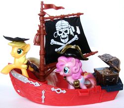 Size: 1600x1392 | Tagged: safe, applejack, pinkie pie, g4, boots, customized toy, female, irl, mcdonald's happy meal toys, photo, pirate, pirate ship, prosthetics, ship, toy, treasure chest