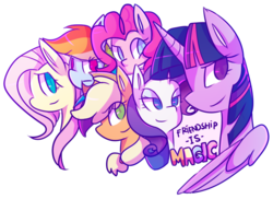 Size: 1024x745 | Tagged: safe, artist:ame-baki, applejack, fluttershy, pinkie pie, rainbow dash, rarity, twilight sparkle, alicorn, pony, g4, female, mane six, mare, twilight sparkle (alicorn)