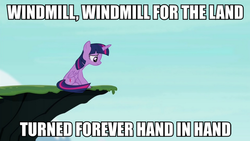 Size: 888x500 | Tagged: safe, edit, edited screencap, screencap, twilight sparkle, alicorn, pony, g4, my little pony: friendship is magic, twilight's kingdom, cliff, feel good inc, female, gorillaz, image macro, mare, meme, song reference, twilight sparkle (alicorn)