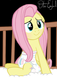 Size: 480x652 | Tagged: dead source, safe, artist:oliver-england, fluttershy, g4, adult foal, blushing, crib, diaper, female, floppy ears, non-baby in diaper, poofy diaper, solo