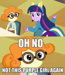 Size: 792x908 | Tagged: safe, scribble dee, twilight sparkle, equestria girls, g4, my little pony equestria girls, background human, image macro, meme, stare