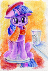 Size: 500x738 | Tagged: safe, artist:maytee, twilight sparkle, pony, g4, adorkable, beret, c:, clothes, coffee, cute, dork, female, hipster, mare, scarf, sitting, smiling, solo, traditional art, twiabetes