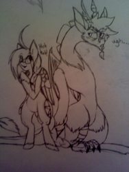 Size: 1536x2048 | Tagged: safe, artist:legendcraft, discord, oc, oc:legendcraft, pony, g4, annoyed, bad anatomy, bipedal, cute, discute, frown, monochrome, open mouth, smiling, traditional art