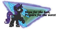 Size: 600x300 | Tagged: safe, rarity, changeling, g4, changelingified, color, commission, elusive, quote, rariling, rule 63, signature, solo