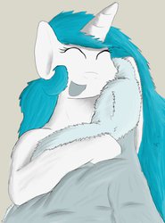 Size: 770x1038 | Tagged: safe, artist:firefanatic, princess celestia, alicorn, pony, g4, :d, cuddlestia, cute, eyes closed, female, fluffy, fur coat, gray background, hug, mare, open mouth, simple background, smiling, solo