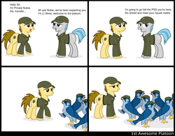 Size: 1583x1233 | Tagged: safe, artist:ethanchang, oc, oc only, oc:lt silver, oc:pvt nubie, bird, earth pony, falcon, pony, 1st awesome platoon, army, blue falcons, military, military uniform, pun, soldier, us army, visual pun