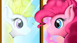 Size: 4800x2700 | Tagged: safe, artist:flamevulture17, pinkie pie, surprise, earth pony, pegasus, pony, g4, duality, mirror, reflection