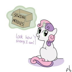 Size: 1000x1000 | Tagged: safe, artist:pbhorse, sweetie belle, pony, unicorn, g4, dialogue, female, filly, foal, glowing, glowing horn, horn, magic, needle, simple background, sitting, solo, sweetie belle's magic brings a great big smile, sweetiedumb, telekinesis, this will end in pain, this will end in tears and/or death, this will end in tears and/or death and/or covered in tree sap, too dumb to live, white background