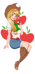 Size: 623x1300 | Tagged: safe, artist:shelltoon, applejack, equestria girls, g4, apple, clothes, cutie mark, denim skirt, equestria girls outfit, female, humanized, skirt, solo