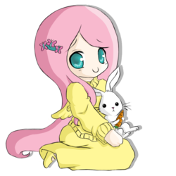 Size: 800x800 | Tagged: safe, artist:rhamana, angel bunny, fluttershy, human, g4, carrot, chibi, clothes, cute, humanized, shyabetes, simple background, sweater, sweatershy, transparent background