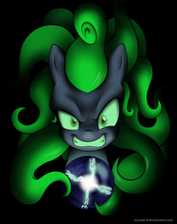 Size: 1024x1293 | Tagged: safe, artist:sycotei-b, mane-iac, earth pony, pony, g4, dark, electro orb, female, grin, looking at you, mare, smiling, solo