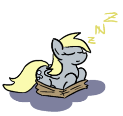 Size: 545x515 | Tagged: safe, artist:jargon scott, derpy hooves, pegasus, pony, g4, behaving like a cat, box, cute, female, if i fits i sits, mare, pony in a box, sleeping, solo, zzz