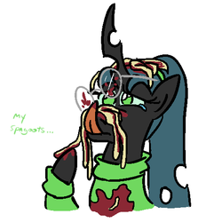 Size: 468x485 | Tagged: safe, artist:jargon scott, queen chrysalis, g4, clothes, dialogue, dork, dorkalis, female, glasses, licking, ponytail, solo, spaghetti, spagoots, sweater, teary eyes, that pony sure does love spagoots, tongue out