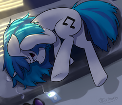 Size: 1600x1381 | Tagged: safe, artist:rivibaes, dj pon-3, vinyl scratch, pony, unicorn, g4, annoyed, bed, female, frown, grumpy, mp3 player, on side, solo