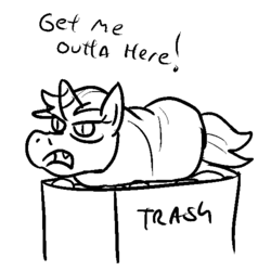 Size: 530x556 | Tagged: safe, artist:jargon scott, oc, oc only, oc:nyx, abuse, blanket, blanket burrito, dialogue, monochrome, solo, trash can