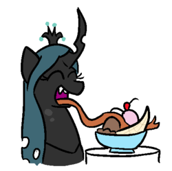 Size: 448x447 | Tagged: safe, artist:jargon scott, queen chrysalis, changeling, changeling queen, g4, banana, banana split, bowl, cherry, crown, fangs, female, happy, ice cream, impossibly long tongue, licking, sundae, table, tongue out