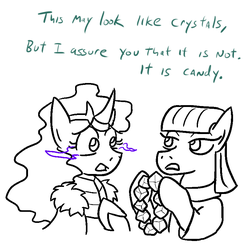 Size: 812x797 | Tagged: safe, artist:jargon scott, king sombra, maud pie, earth pony, pony, unicorn, g4, armor, cape, clothes, crown, cute, dialogue, eye contact, friendshipping, frown, hoof hold, looking at each other, magic, open mouth, queen umbra, rock candy necklace, rule 63, rule63betes, sweet, umbradorable, wide eyes