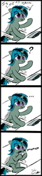 Size: 500x2100 | Tagged: safe, artist:noisyvox, oc, oc only, oc:inkerbeat, pony, unicorn, ..., 4koma, comic, dialogue, funny, humor, nom, question mark, simple background, solo, tablet, white background