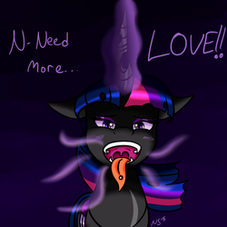 Size: 1500x1500 | Tagged: safe, artist:novaspark, twilight sparkle, changeling, changeling queen, g4, blushing, changeling feeding, changelingified, female, looking at you, magic, open mouth, piercing, queen twilight, solo, tongue out, tongue piercing, twiling, uvula