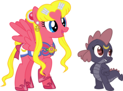 Size: 2565x1903 | Tagged: safe, artist:kaylathehedgehog, dragon, pegasus, pony, dragonified, duo, female, luna (sailor moon), mare, ponified, sailor moon, sailor moon (series), simple background, spread wings, transparent background, tsukino usagi, vector, wings