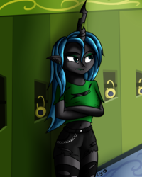 Size: 1200x1500 | Tagged: safe, artist:novaspark, queen chrysalis, human, equestria girls, g4, earring, equestria girls-ified, female, horn, horned humanization, humanized, piercing, solo