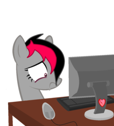 Size: 834x918 | Tagged: safe, artist:lazerblues, oc, oc only, oc:miss eri, black and red mane, computer, reaction image, solo, two toned mane