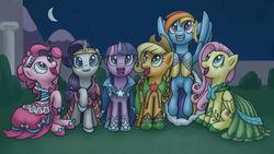 Size: 3840x2160 | Tagged: safe, artist:bill-the-pony, applejack, fluttershy, pinkie pie, rainbow dash, rarity, twilight sparkle, g4, the best night ever, clothes, dress, gala dress, high res, mane six