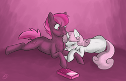 Size: 900x579 | Tagged: safe, artist:silverpup88, button mash, sweetie belle, g4, blushing, female, limited palette, male, older, ship:sweetiemash, shipping, straight, video game