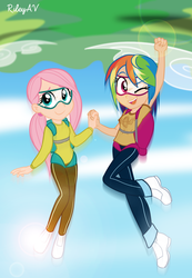 Size: 1280x1851 | Tagged: safe, artist:rileyav, fluttershy, rainbow dash, human, g4, air ponyville, falling, freefall, goggles, holding hands, humanized, parachute, sky, skydiving