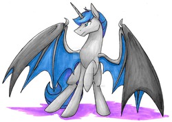 Size: 2048x1461 | Tagged: safe, artist:pitterpaint, oc, oc only, oc:orion, alicorn, bat pony, bat pony alicorn, pony, alicorn oc, offspring, parent:night guard, parent:princess luna, parents:guardluna, simple background, solo, traditional art, white background