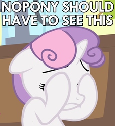 Size: 640x700 | Tagged: safe, screencap, sweetie belle, g4, somepony to watch over me, caption, covering eyes, double facehoof, facehoof, female, image macro, reaction image, solo