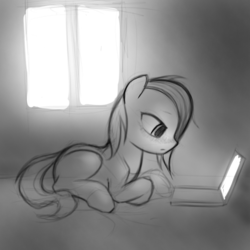 Size: 800x800 | Tagged: safe, earth pony, pony, female, lying down, monochrome, notebook, prone, sketch, solo, window