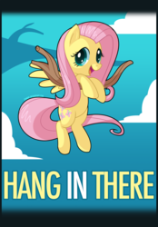 Size: 1395x2000 | Tagged: safe, artist:zombie, fluttershy, g4, :d, all caps, cloud, cute, english, hang in there, happy, looking at you, open mouth, open smile, shyabetes, sky, smiling, text