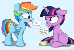 Size: 3188x2139 | Tagged: safe, artist:mistydash, rainbow dash, twilight sparkle, pegasus, pony, unicorn, g4, blank flank, butts, cute, dashabetes, dialogue, female, grammar error, grocers' apostrophe, high res, looking at each other, mare, nose wrinkle, open mouth, simple background, teacup, twilight sparkle is not amused, unamused
