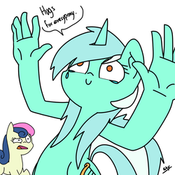 Size: 1024x1024 | Tagged: safe, artist:artponie, bon bon, lyra heartstrings, sweetie drops, earth pony, pony, unicorn, g4, bon bon is not amused, crying, duo, hand, lyra doing lyra things, simple background, suddenly hands, teary eyes, wat, weirded out, white background