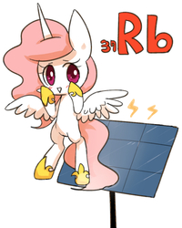 Size: 800x1000 | Tagged: safe, artist:joycall6, part of a set, princess celestia, alicorn, series:joycall6's periodic table, g4, bipedal, blushing, female, flying, hoof shoes, looking at you, periodic table, pink-mane celestia, rubidium, simple background, solar panel, solo, spread wings, white background, wings