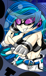 Size: 640x1050 | Tagged: safe, artist:fourze-pony, dj pon-3, vinyl scratch, human, g4, cleavage, female, headphones, humanized, midriff, pointing, solo, stereo