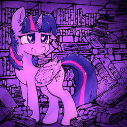 Size: 1000x1000 | Tagged: safe, artist:mrpotat0wned, twilight sparkle, alicorn, pony, g4, bedroom eyes, book, bookshelf, cute, eyes on the prize, female, heart eyes, library, mare, one ear down, smiling, solo, that pony sure does love books, twiabetes, twilight sparkle (alicorn), wavy mouth, wingding eyes