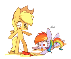 Size: 1200x1000 | Tagged: safe, artist:joycall6, applejack, rainbow dash, pony, g4, apple, bipedal, blushing, tongue out