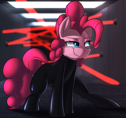Size: 1700x1600 | Tagged: safe, artist:january3rd, pinkie pie, earth pony, pony, g4, catsuit, clothes, female, laser, latex, latex suit, lidded eyes, mare, pinkie spy, sneaking suit, solo