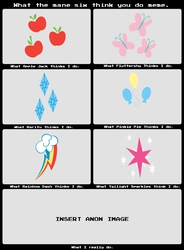 Size: 892x1210 | Tagged: safe, anonymous artist, applejack, fluttershy, pinkie pie, rainbow dash, rarity, twilight sparkle, oc, oc:anon, g4, cutie mark, failure, mane six, meme