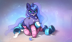 Size: 1351x800 | Tagged: safe, artist:sverre93, princess luna, chubby, clothes, fat, female, ice cream, palindrome get, princess moonpig, socks, solo, tongue out