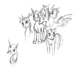 Size: 800x735 | Tagged: safe, artist:archonix, twilight sparkle, alicorn, donkey, earth pony, pegasus, pony, unicorn, g4, donkified, monochrome, sketch, sketch dump, species swap