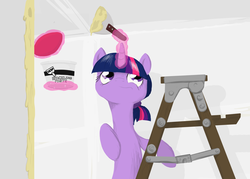 Size: 2488x1779 | Tagged: safe, artist:thegamefilmguruman, twilight sparkle, pony, g4, female, fluffy, frown, ladder, levitation, looking up, magic, pun, solo, spackle, telekinesis, twilight spackle